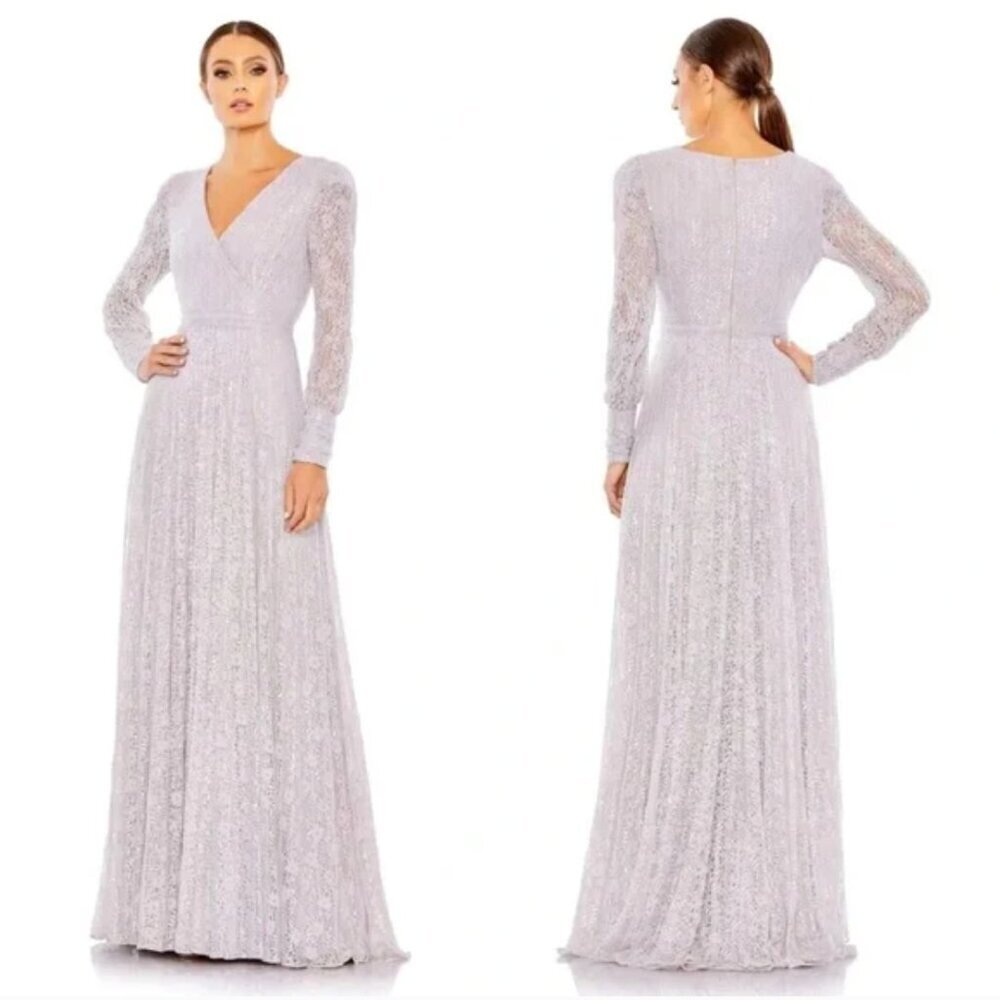 Mac Duggal Beaded Lace Long Sleeve Wrap Over Gown Lavender 93679